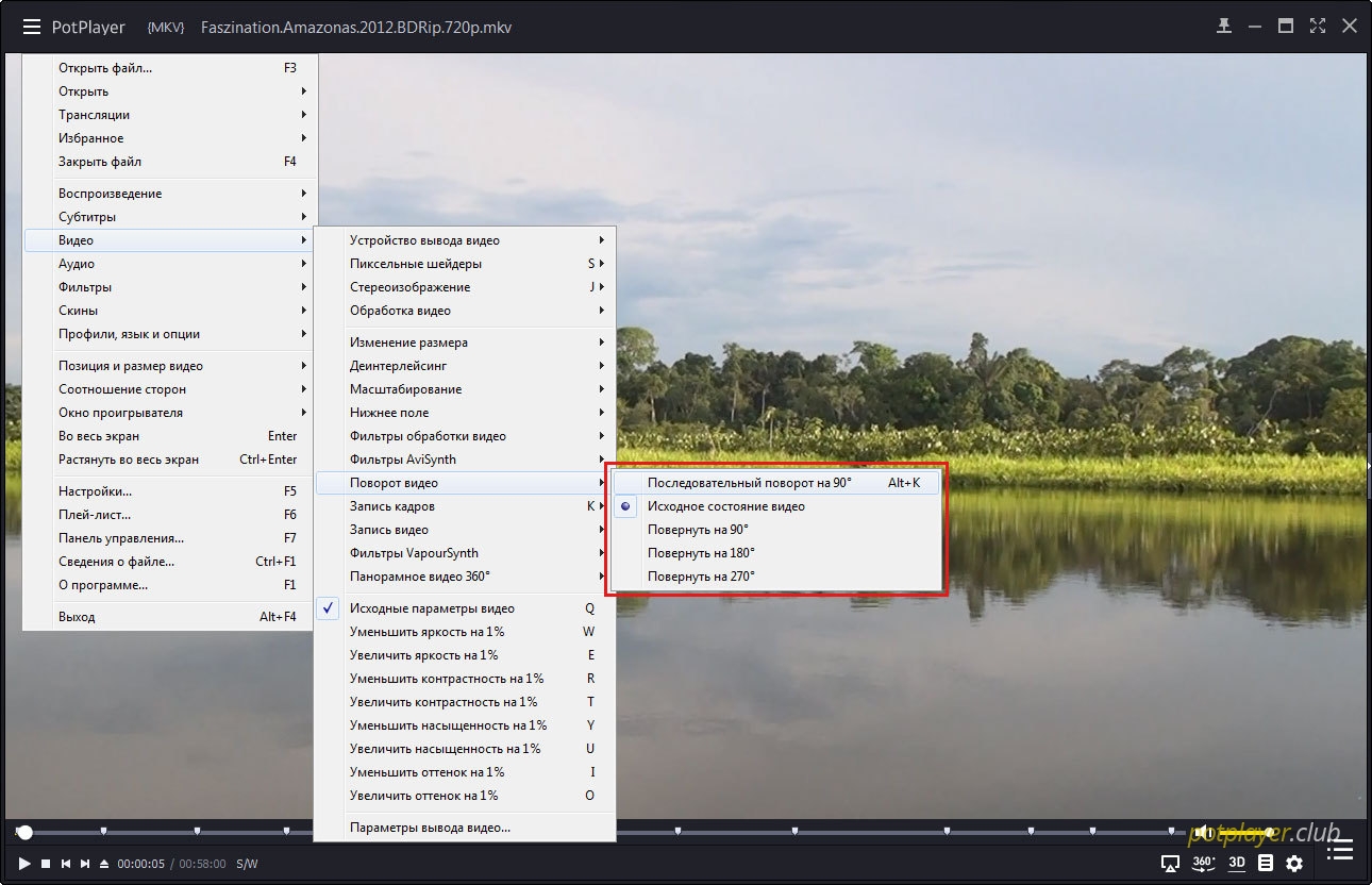 Меню поворота видео в PotPlayer