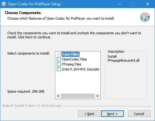 Окно выбора компонеетов Open Codec для PotPlayer